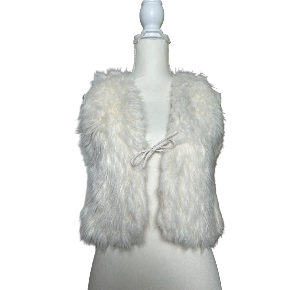 Y2K Mossimo Vintage Faux Fur Vest White Sleeveless Tie Front Women's Medium‎